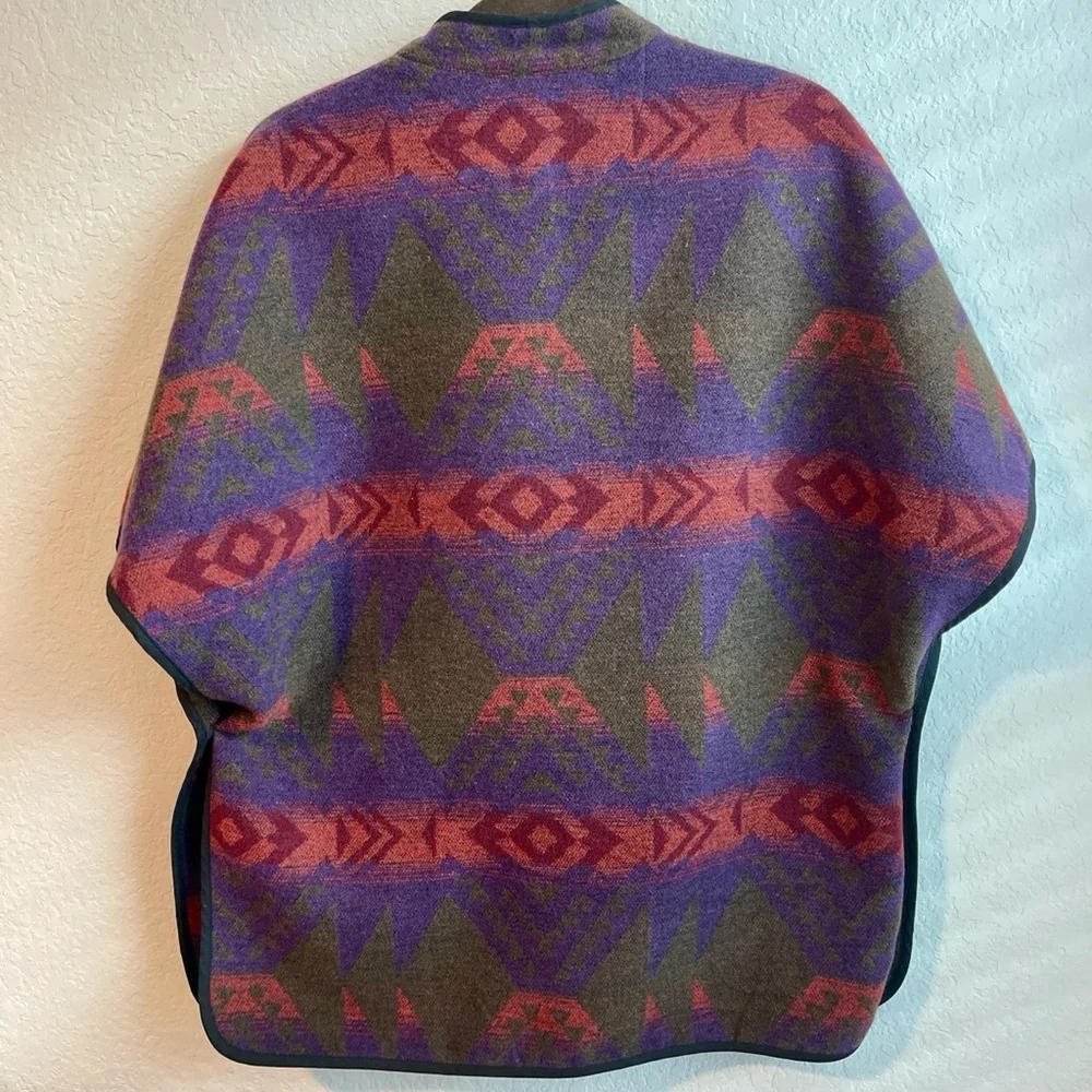 Wool Blend Purple & Brown Aztec Print Poncho Sweater - Picture 2 of 6